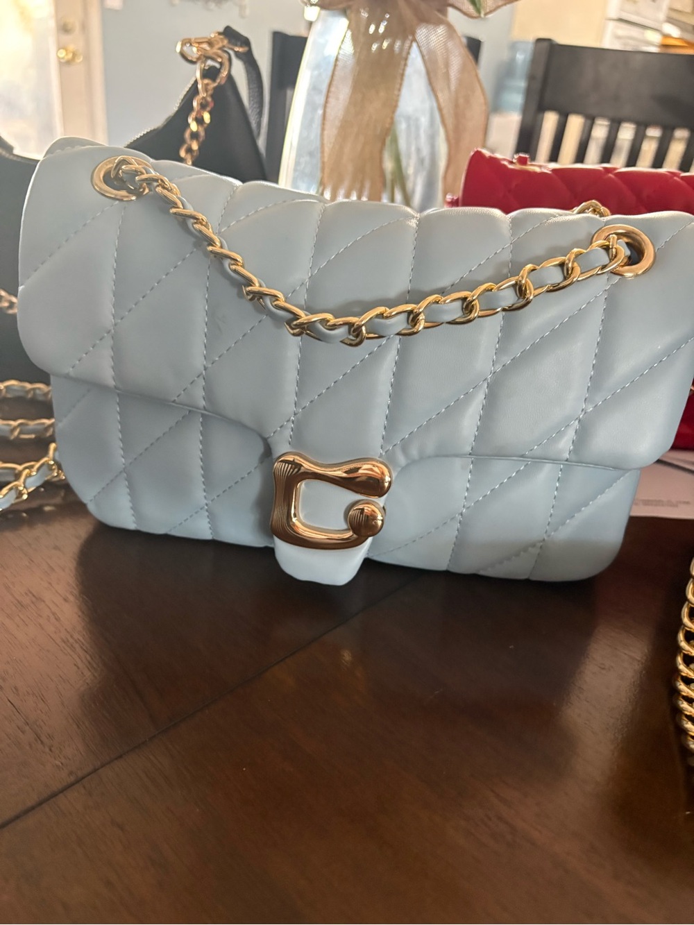 Quilted Light Blue Shoulder Bag with Gold Chain